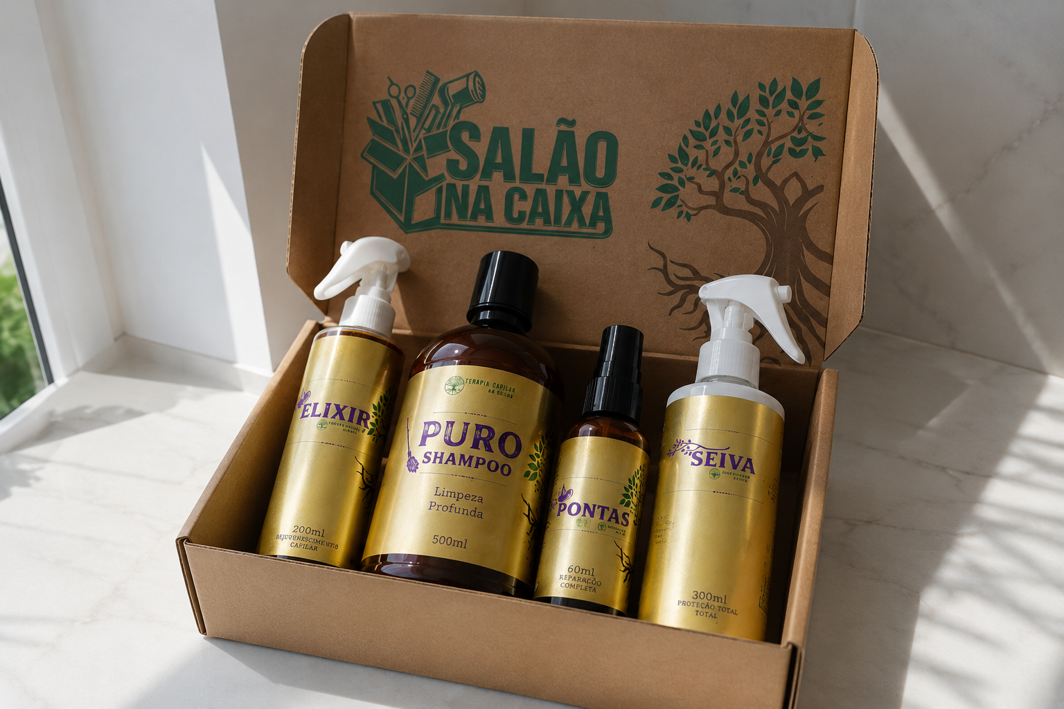 Linha completa de produtos Salão na Caixa: Elixir, Puro Shampoo, Pontas e Seiva